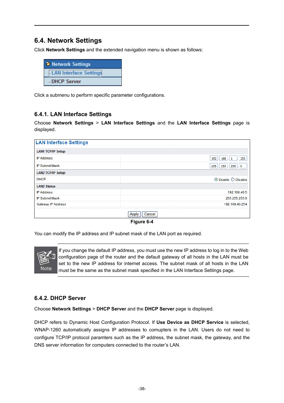Network settings, Lan interface settings, Dhcp server | PLANET WNAP-1260 User Manual | Page 46 / 154
