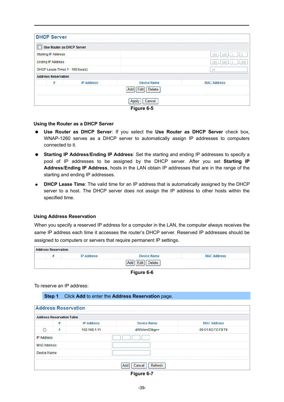 Using the router as a dhcp server, Using address reservation | PLANET WNAP-1260 User Manual | Page 47 / 154
