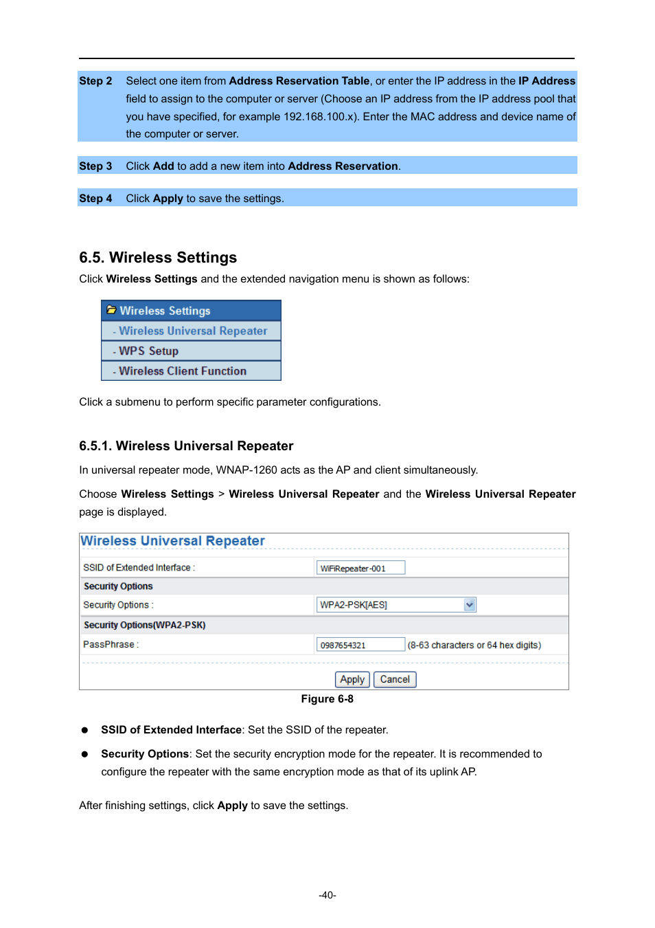 Wireless settings, Wireless universal repeater | PLANET WNAP-1260 User Manual | Page 48 / 154