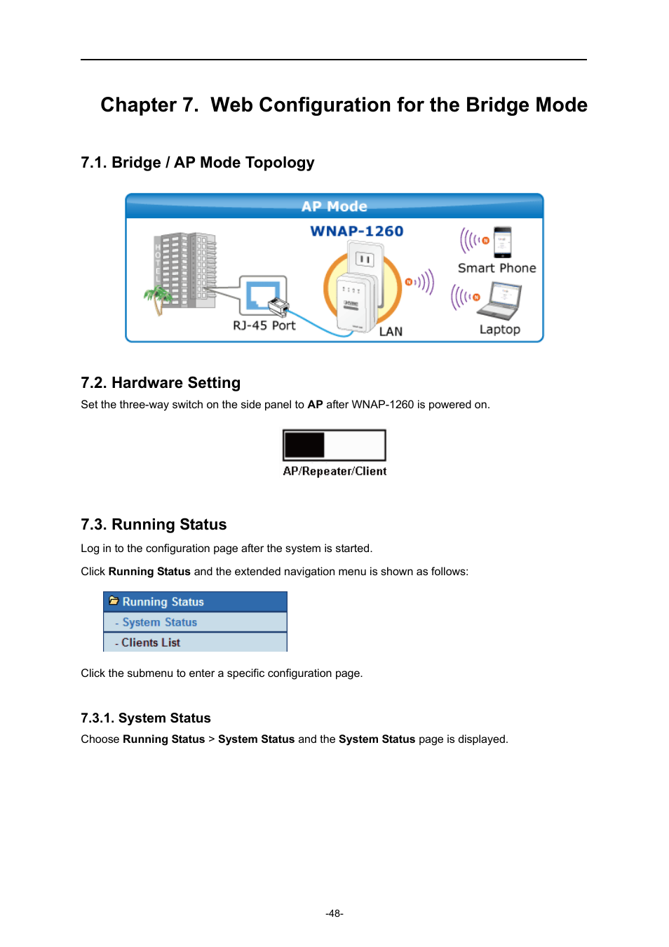 Chapter 7. web configuration for the bridge mode, Bridge / ap mode topology, Hardware setting | Running status, System status | PLANET WNAP-1260 User Manual | Page 56 / 154