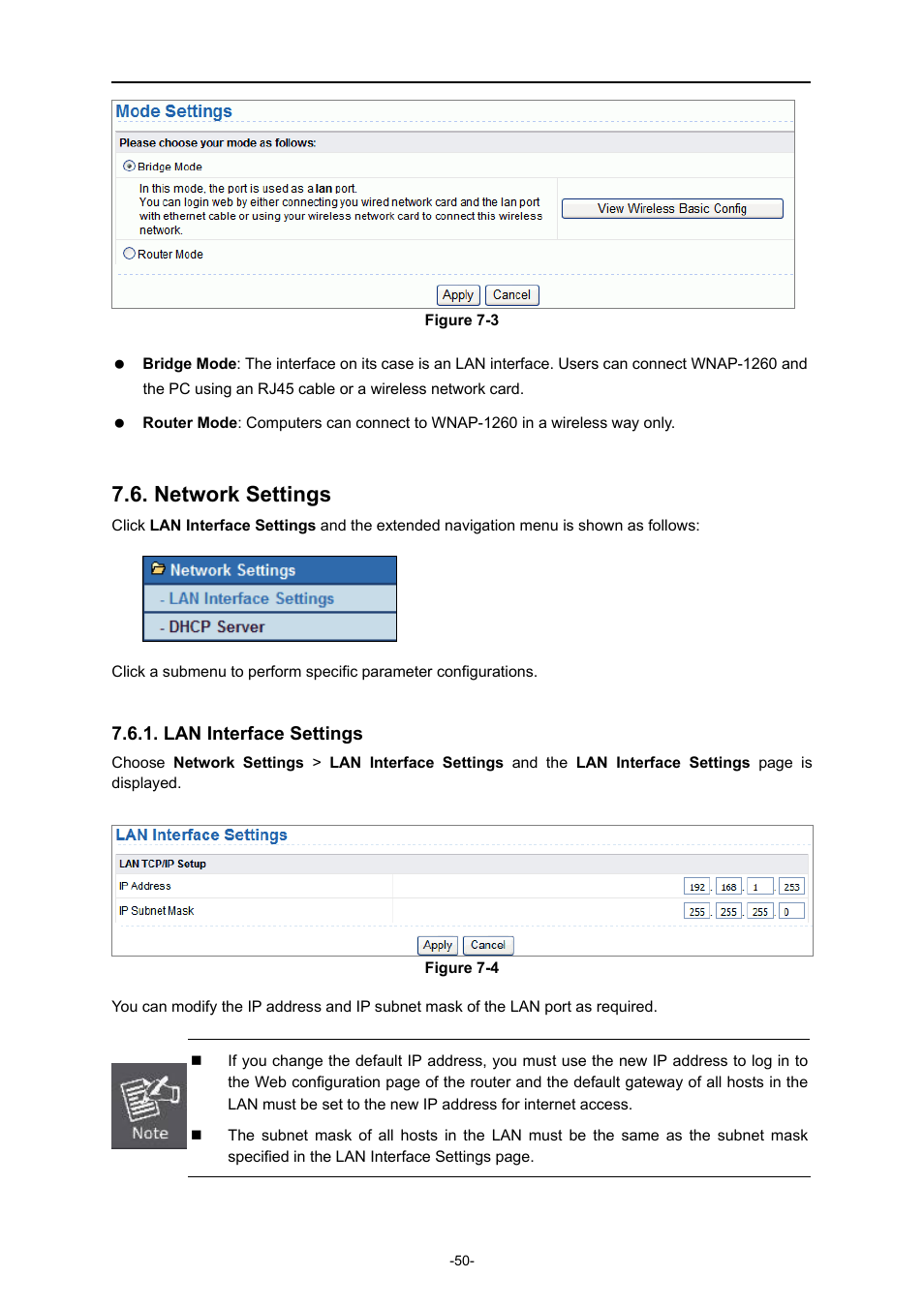 Network settings, Lan interface settings | PLANET WNAP-1260 User Manual | Page 58 / 154