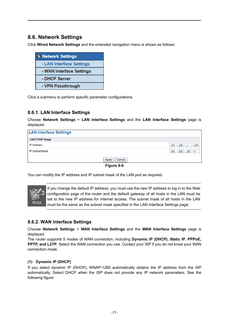 Network settings, Lan interface settings, Wan interface settings | PLANET WNAP-1260 User Manual | Page 79 / 154