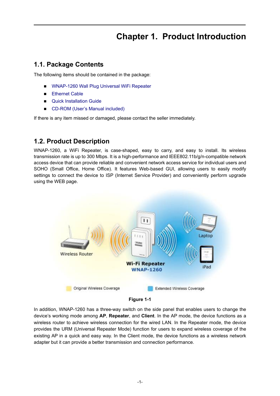 Chapter 1. product introduction, Package contents, Product description | PLANET WNAP-1260 User Manual | Page 9 / 154