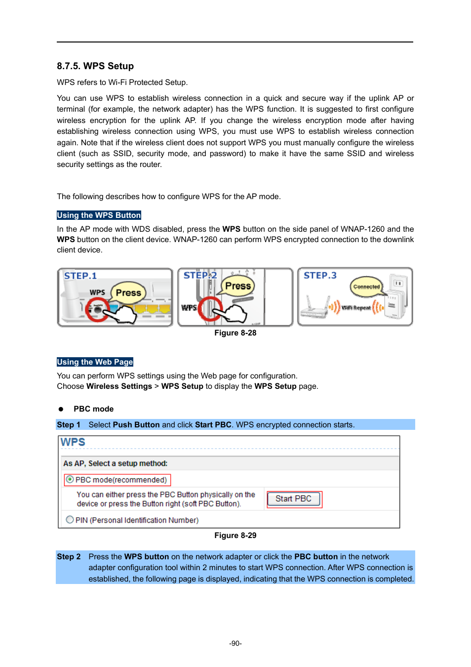 Wps setup, Using the wps button | PLANET WNAP-1260 User Manual | Page 98 / 154