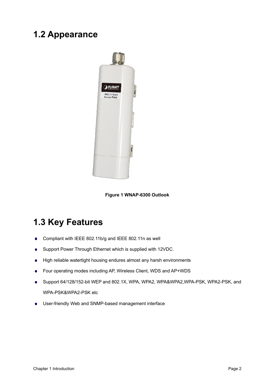 2 appearance, 3 key features, Figure 1 wnap-6300 outlook | PLANET WNAP-6300 User Manual | Page 11 / 66