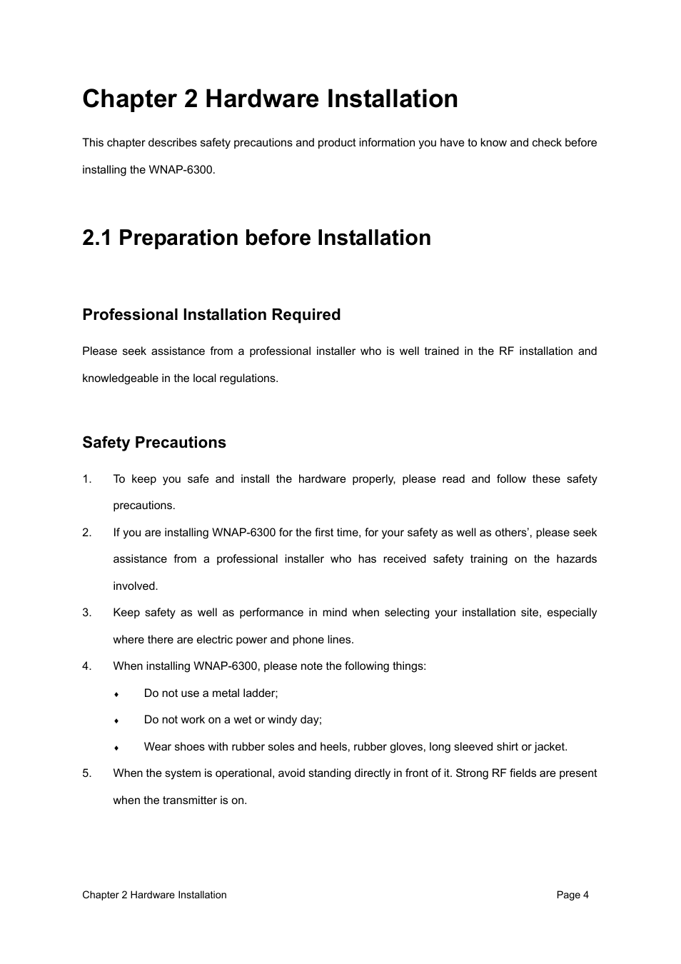 Chapter 2 hardware installation, 1 preparation before installation, Professional installation required | Safety precautions | PLANET WNAP-6300 User Manual | Page 13 / 66