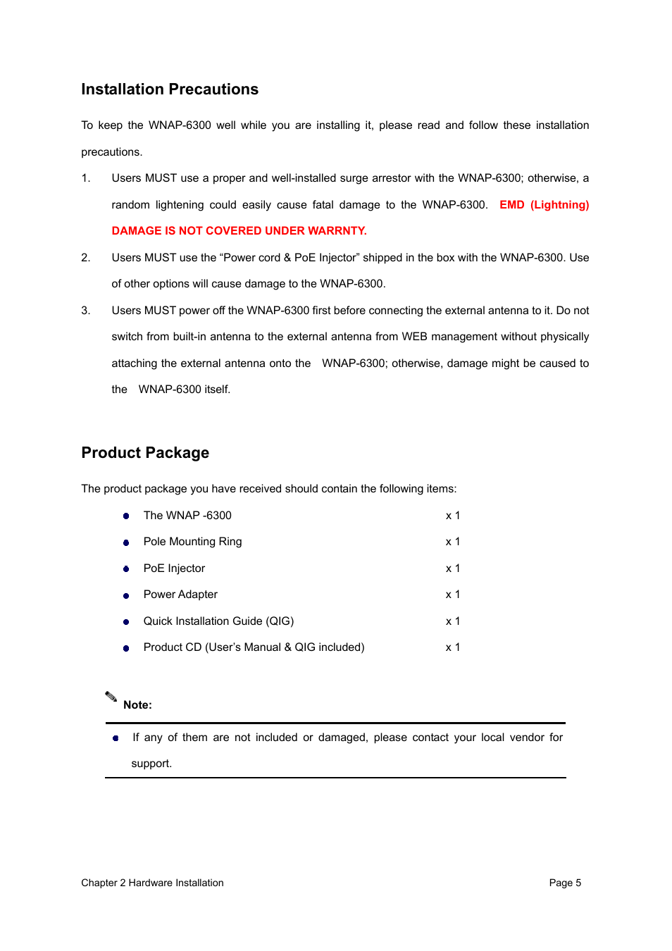 Installation precautions, Product package | PLANET WNAP-6300 User Manual | Page 14 / 66
