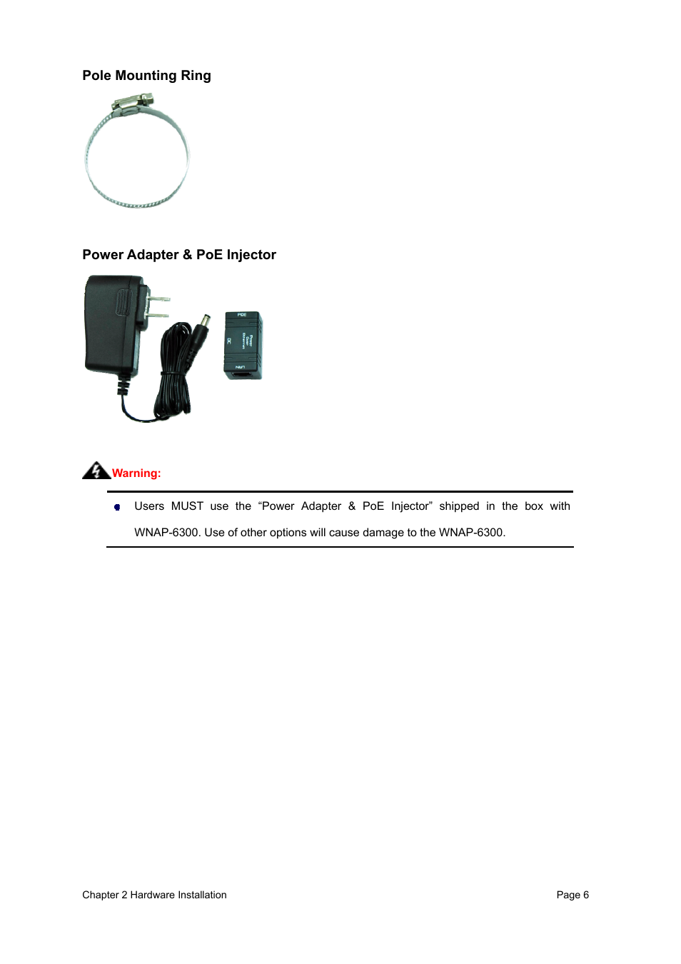 Pole mounting ring, Power adapter & poe injector | PLANET WNAP-6300 User Manual | Page 15 / 66