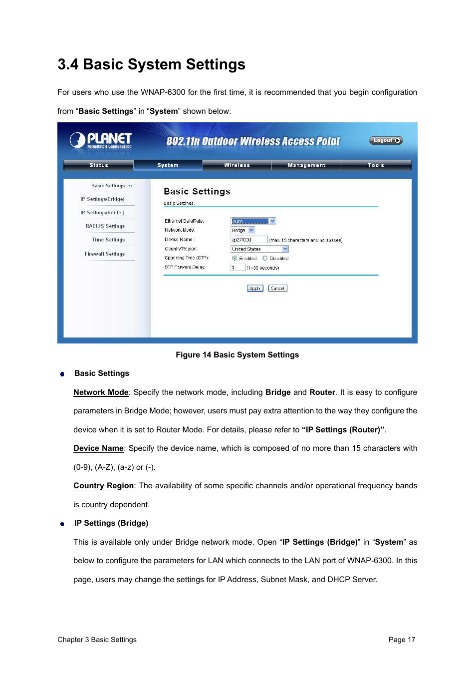 4 basic system settings, Figure 14 basic system settings | PLANET WNAP-6300 User Manual | Page 26 / 66
