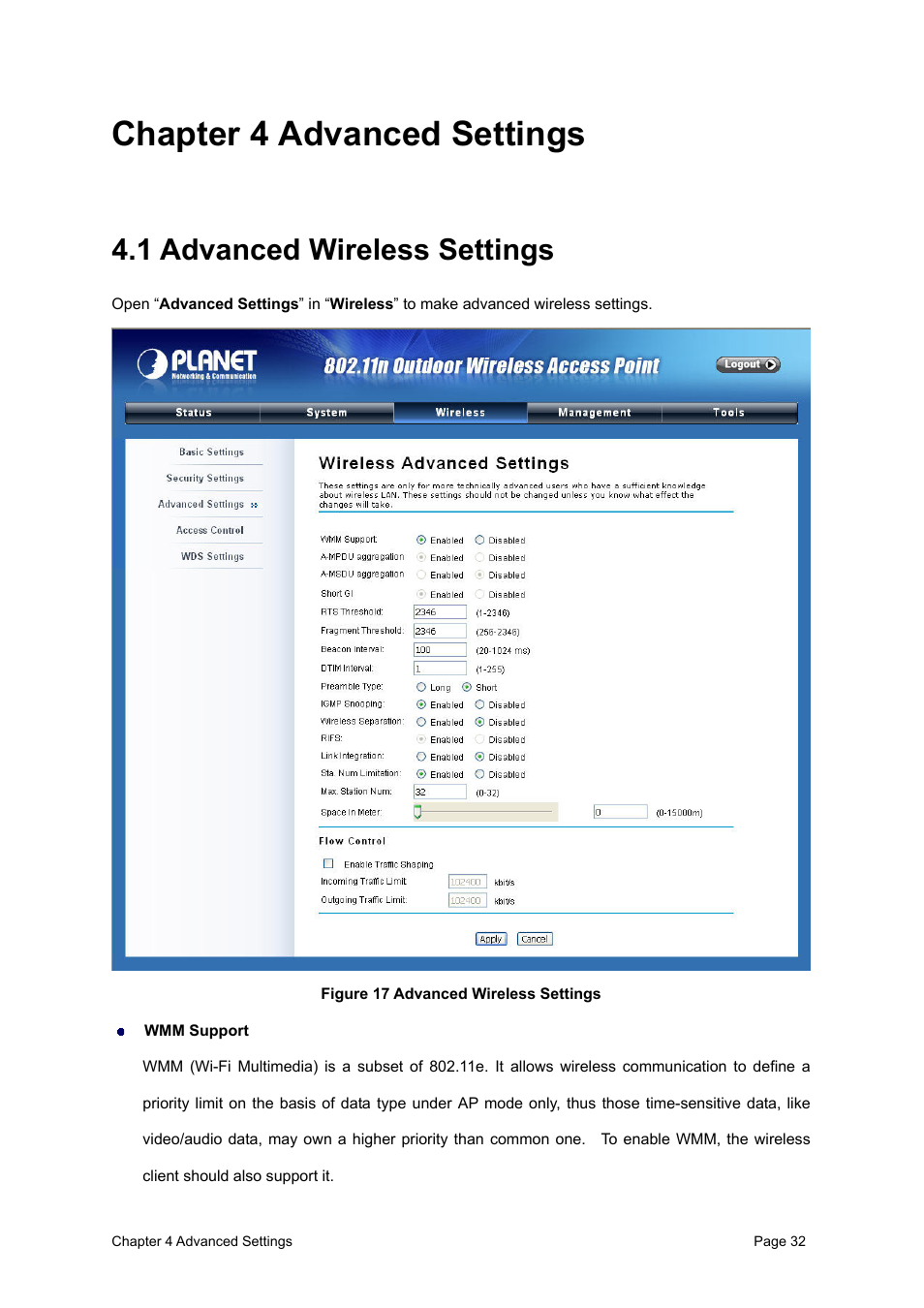 Chapter 4 advanced settings, 1 advanced wireless settings, Figure 17 advanced wireless settings | PLANET WNAP-6300 User Manual | Page 41 / 66