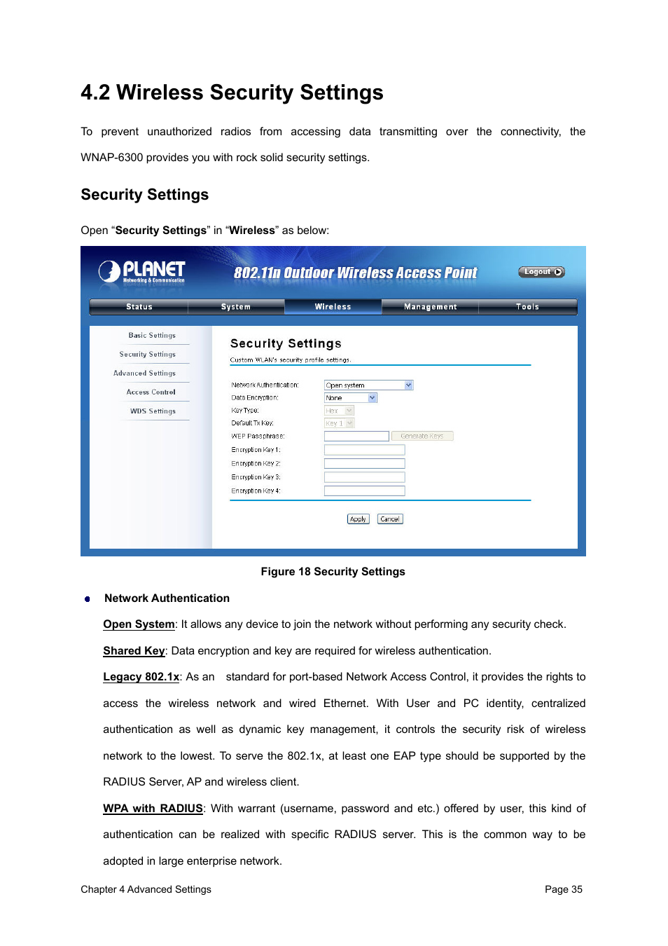 2 wireless security settings, Security settings, Figure 18 security settings | PLANET WNAP-6300 User Manual | Page 44 / 66