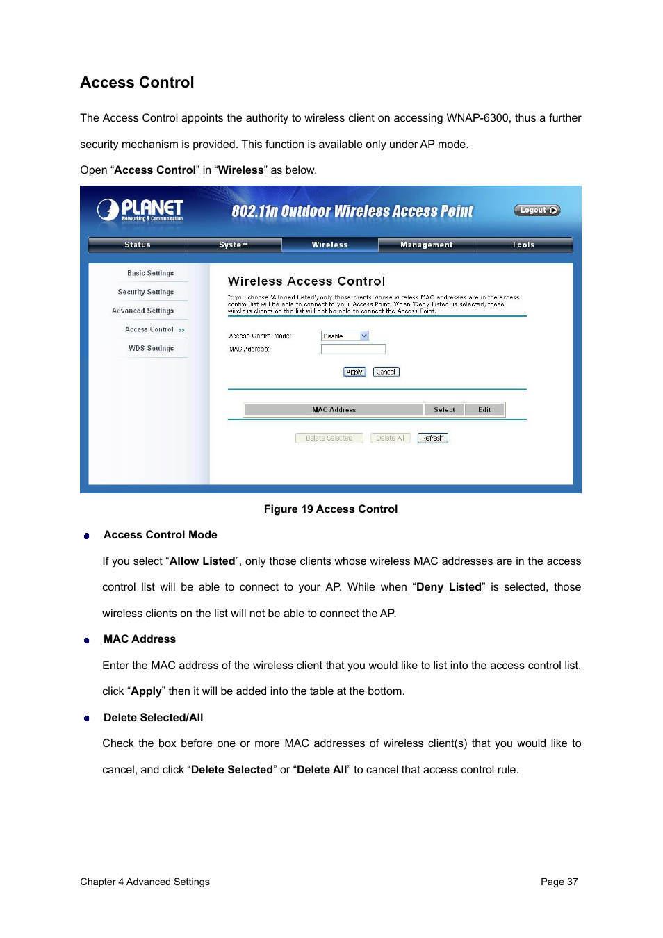 Access control, Figure 19 access control | PLANET WNAP-6300 User Manual | Page 46 / 66
