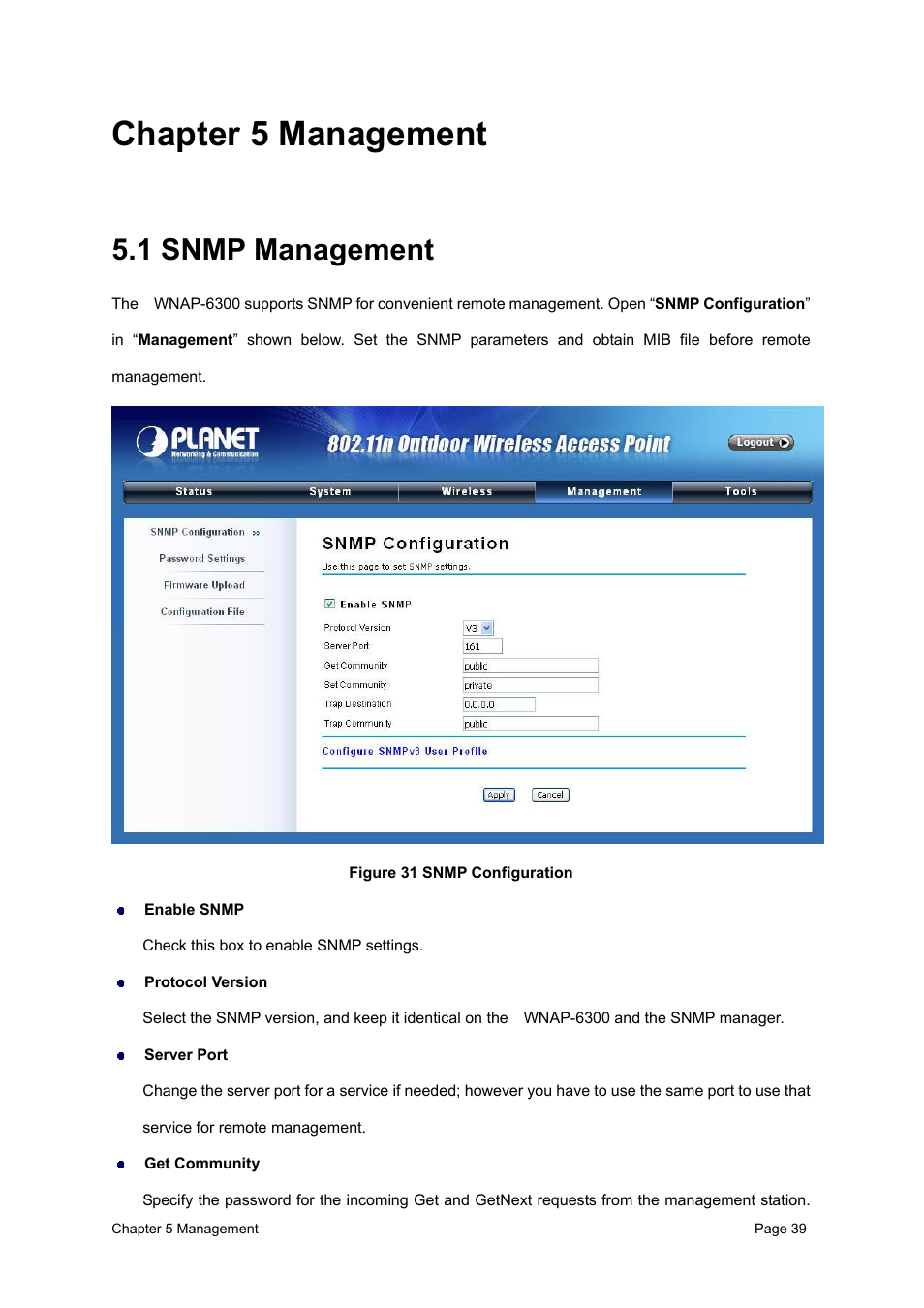 Chapter 5 management, 1 snmp management | PLANET WNAP-6300 User Manual | Page 48 / 66