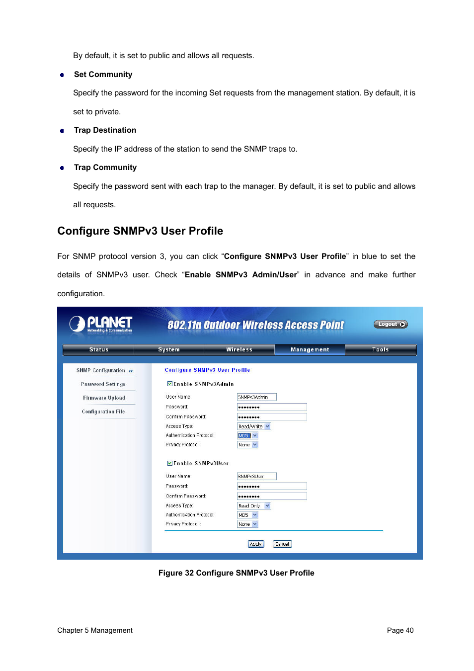 Configure snmpv3 user profile | PLANET WNAP-6300 User Manual | Page 49 / 66