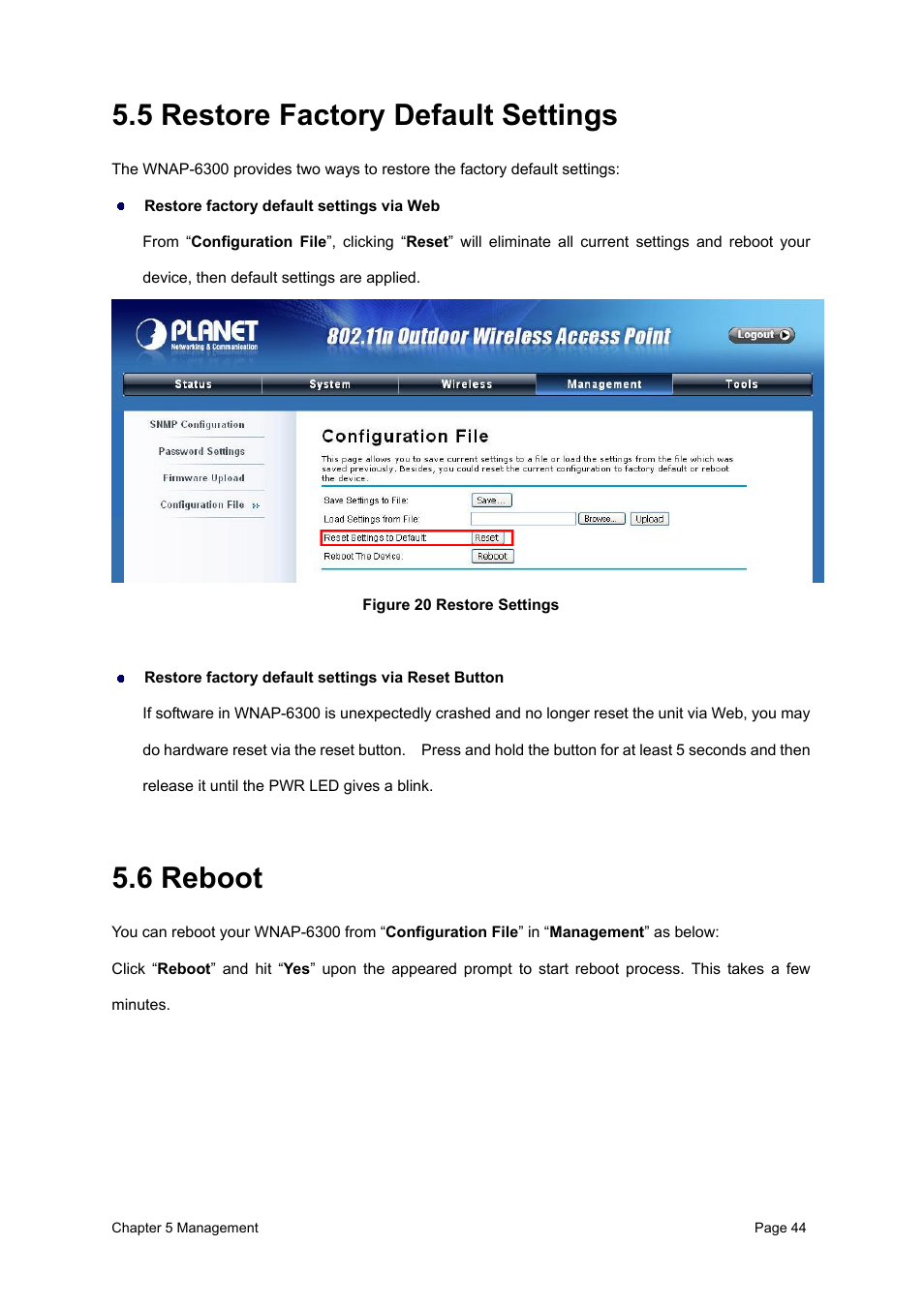5 restore factory default settings, 6 reboot, Figure 20 restore settings | PLANET WNAP-6300 User Manual | Page 53 / 66