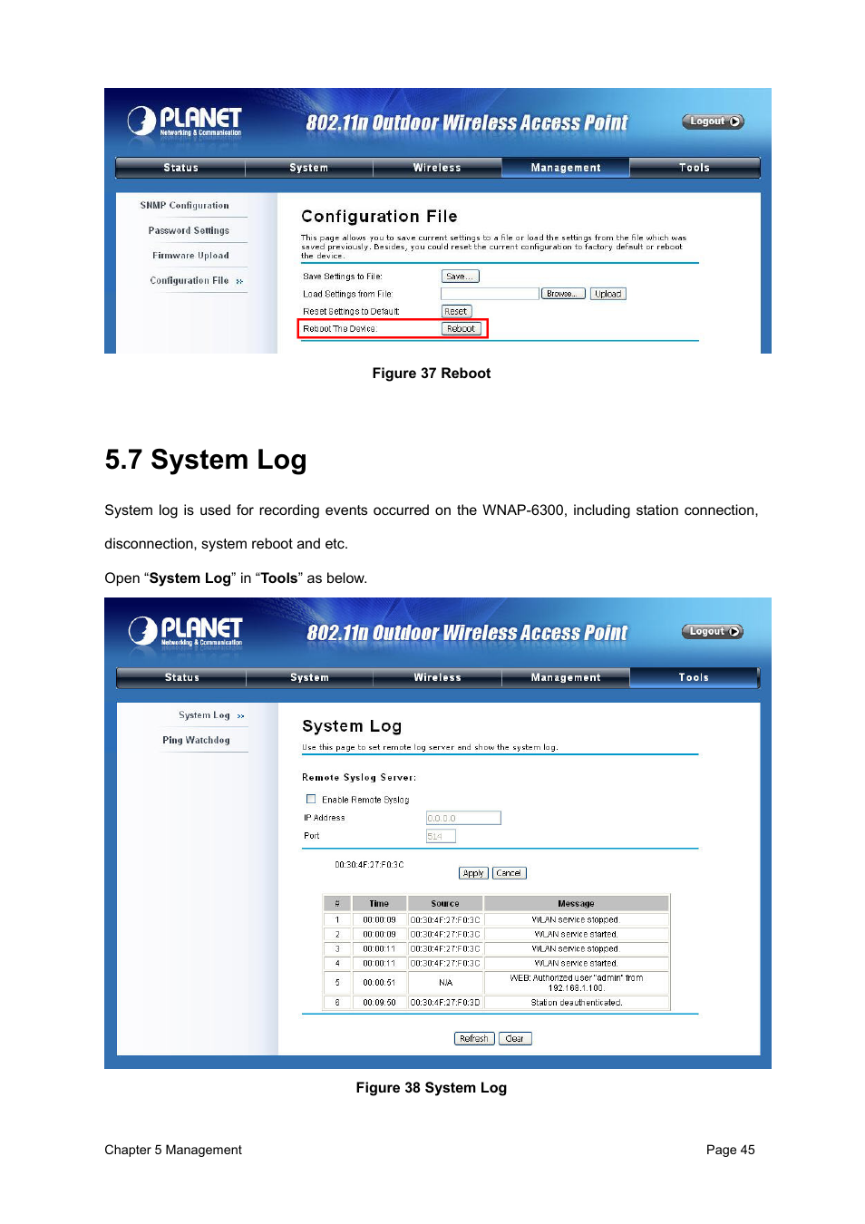 7 system log | PLANET WNAP-6300 User Manual | Page 54 / 66