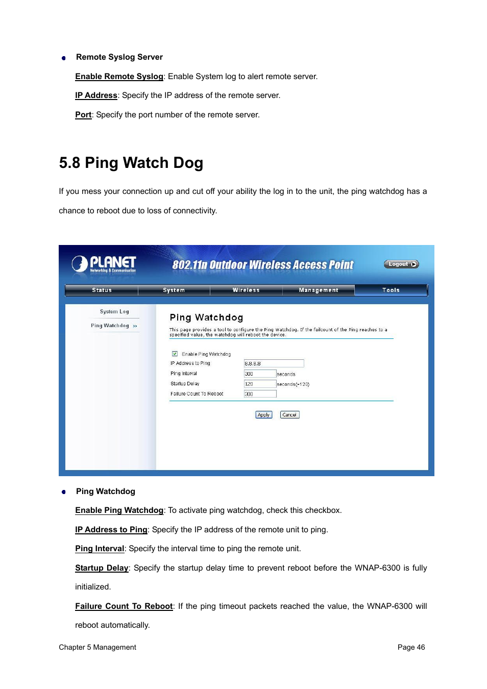 8 ping watch dog | PLANET WNAP-6300 User Manual | Page 55 / 66