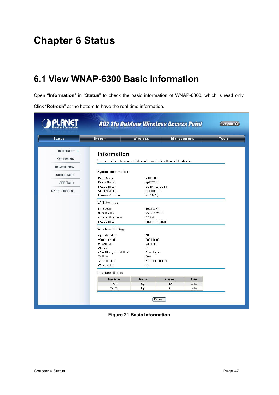 Chapter 6 status, 1 view wnap-6300 basic information, Figure 21 basic information | PLANET WNAP-6300 User Manual | Page 56 / 66