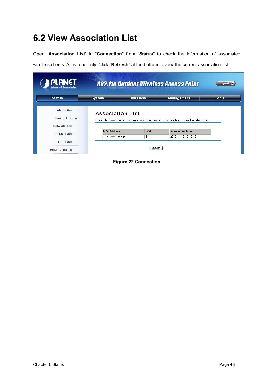 2 view association list, Figure 22 connection | PLANET WNAP-6300 User Manual | Page 57 / 66