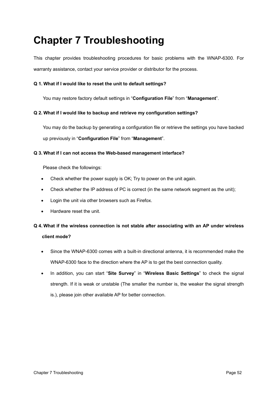 Chapter 7 troubleshooting | PLANET WNAP-6300 User Manual | Page 61 / 66
