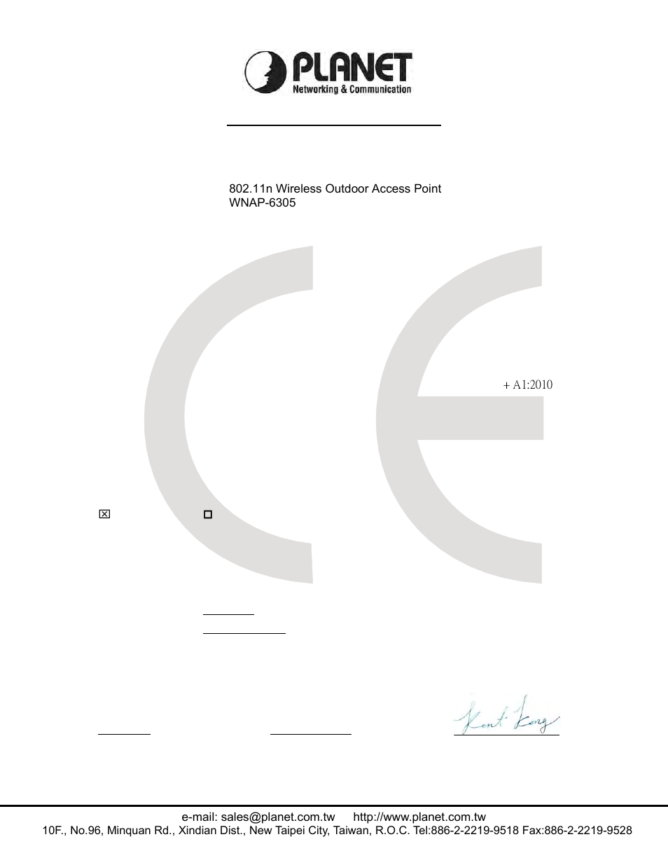 Ec declaration of conformity, Planet technology corporation | PLANET WNAP-6305 User Manual | Page 102 / 103