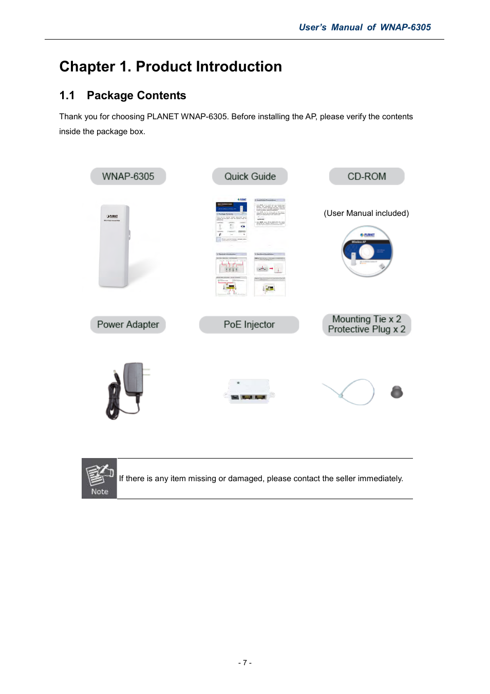 Chapter 1. product introduction, 1 package contents | PLANET WNAP-6305 User Manual | Page 7 / 103