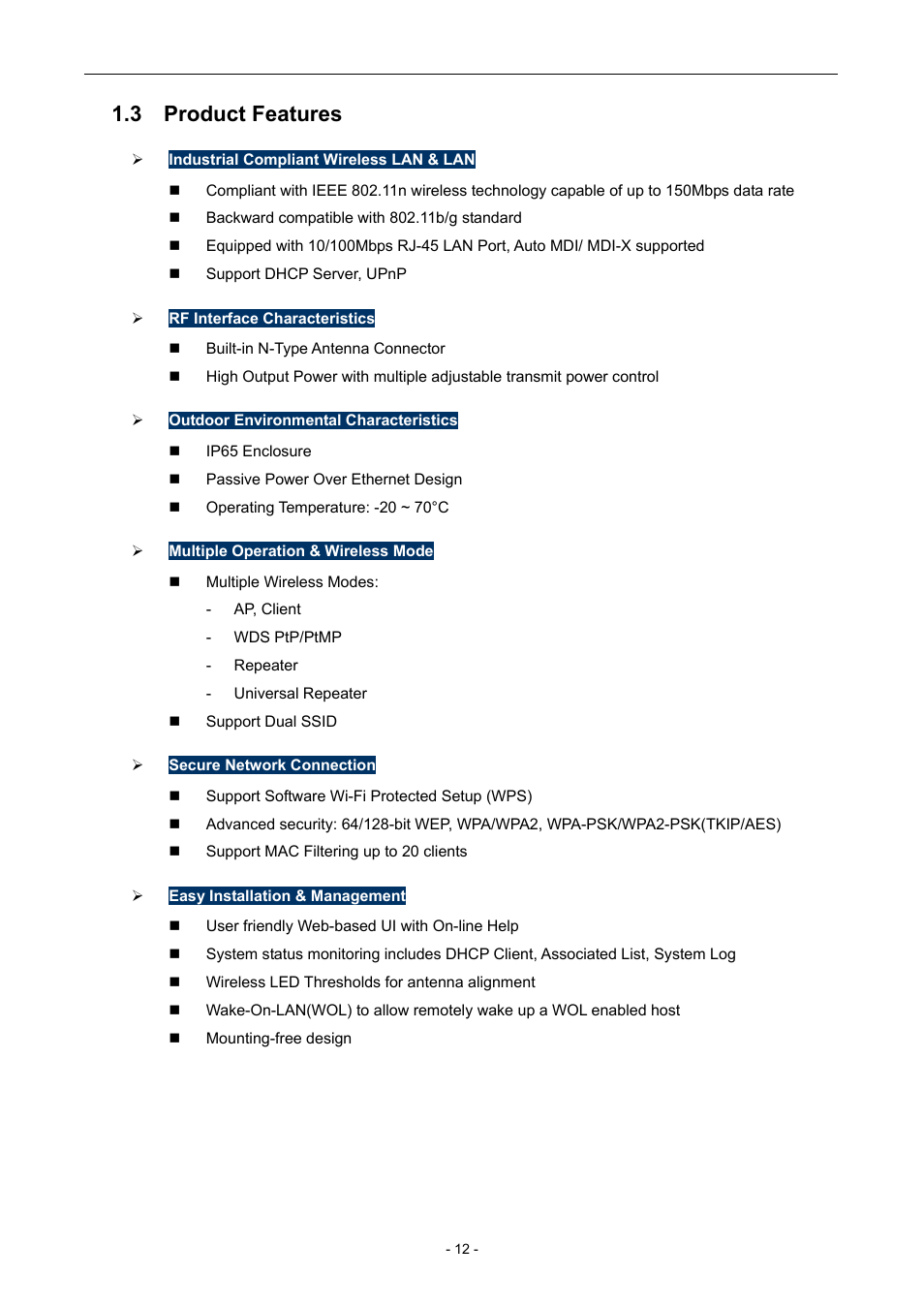 3 product features | PLANET WNAP-6306 User Manual | Page 12 / 70