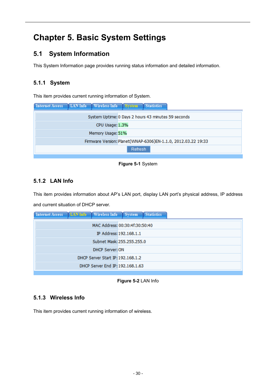 Chapter 5. basic system settings, 1 system information, 1 system | 2 lan info, 3 wireless info, System information, System, Lan info, Wireless info | PLANET WNAP-6306 User Manual | Page 30 / 70