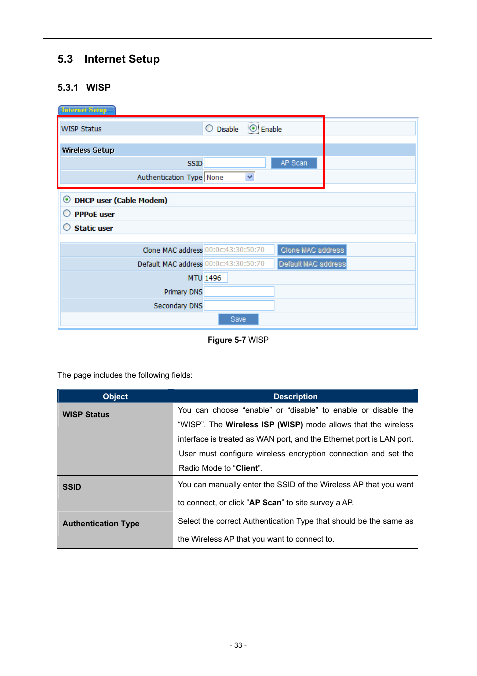 3 internet setup, 1 wisp, Internet setup | Wisp | PLANET WNAP-6306 User Manual | Page 33 / 70
