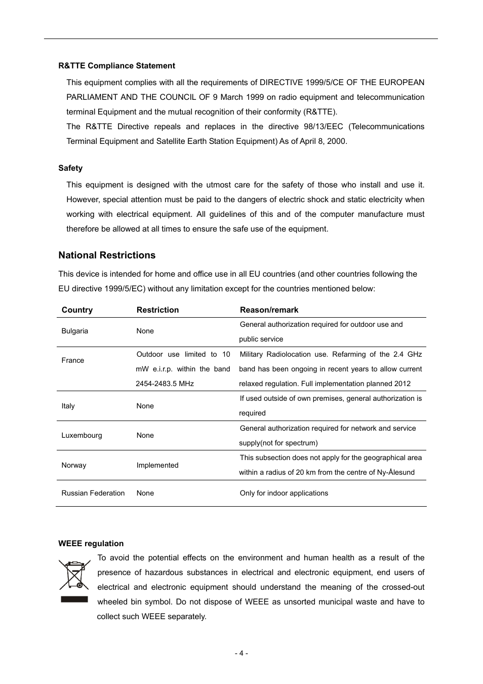 National restrictions | PLANET WNAP-6306 User Manual | Page 4 / 70