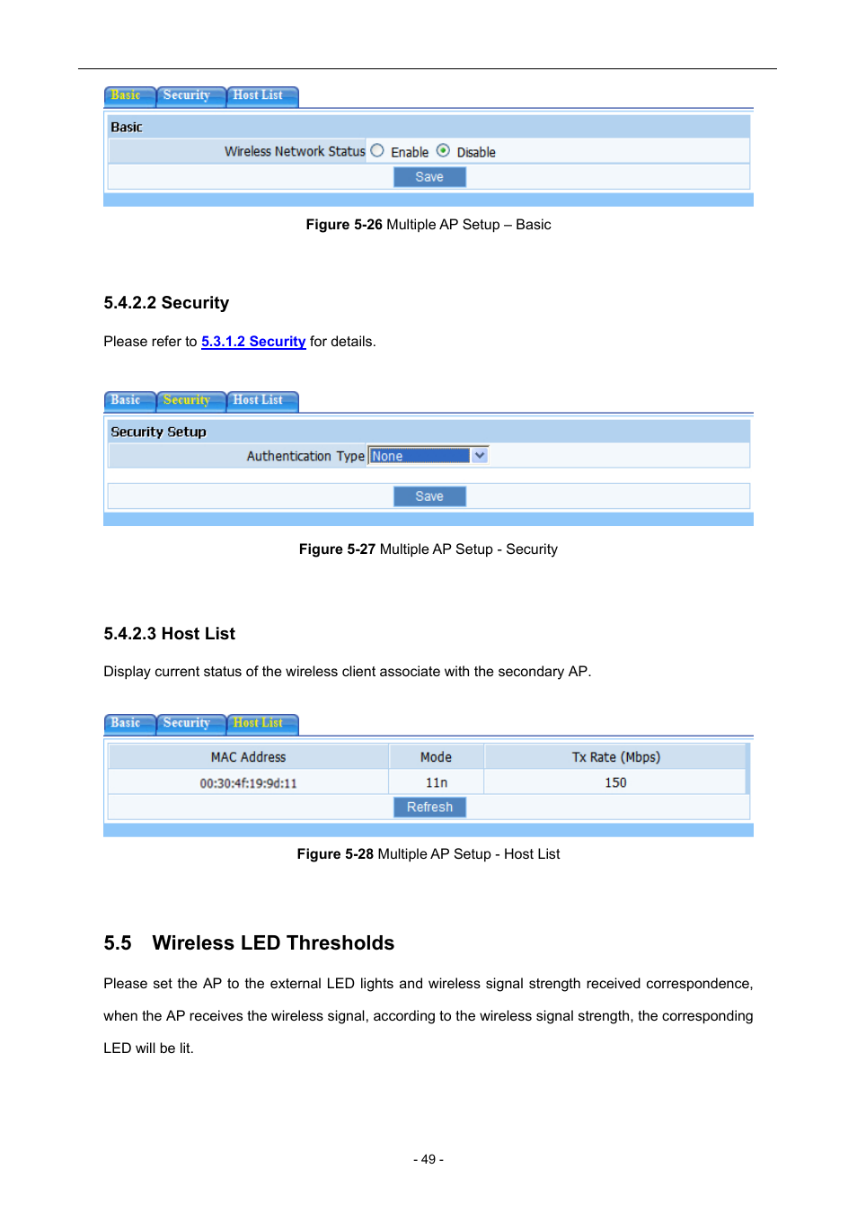 2 security, 3 host list, 5 wireless led thresholds | Wireless led thresholds | PLANET WNAP-6306 User Manual | Page 49 / 70