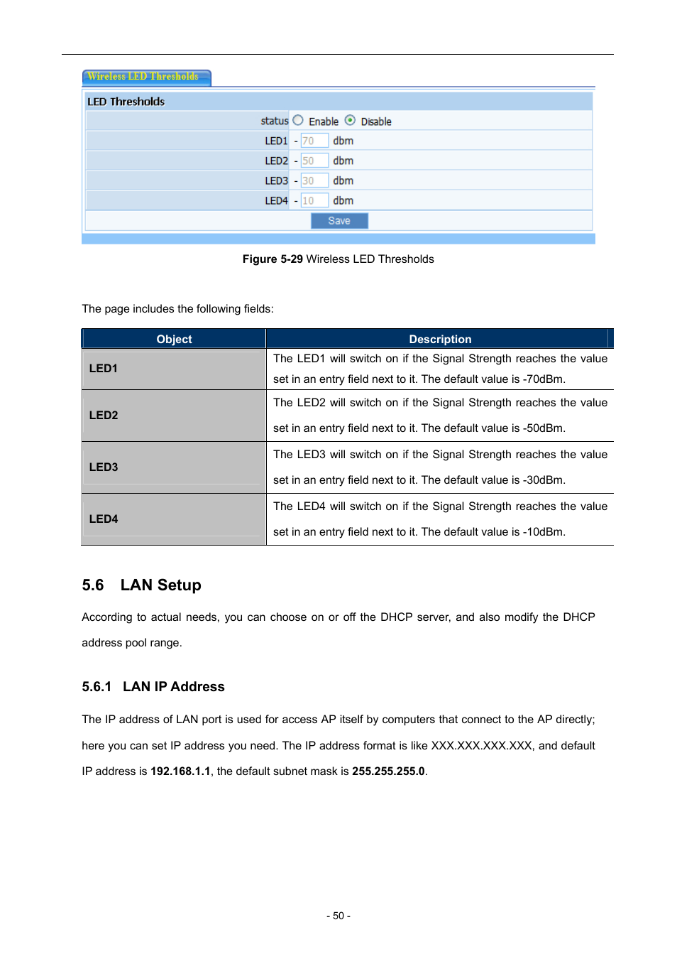 6 lan setup, 1 lan ip address, Lan setup | Lan ip address | PLANET WNAP-6306 User Manual | Page 50 / 70