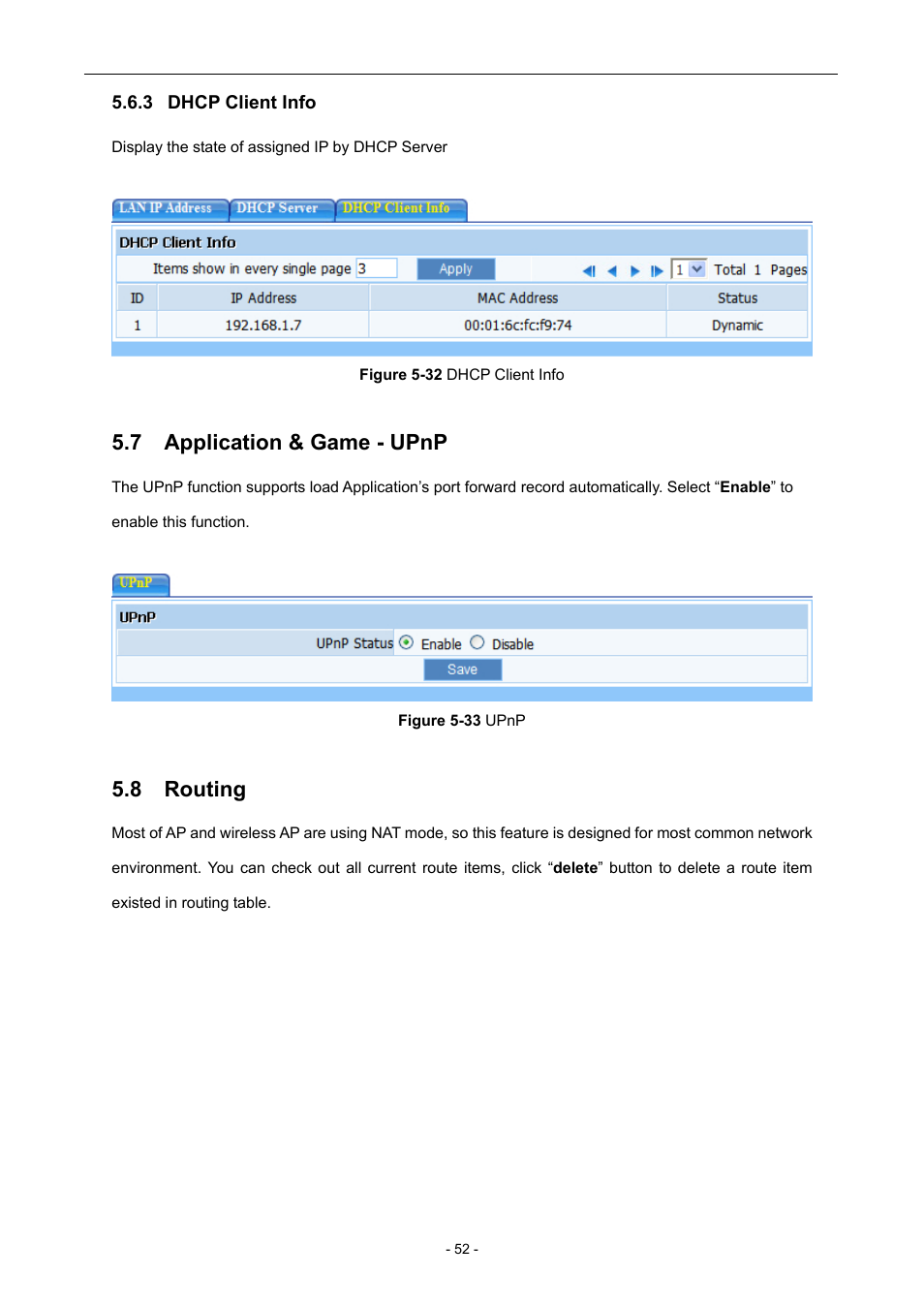 3 dhcp client info, 7 application & game - upnp, 8 routing | Dhcp client info, Application & game - upnp, Routing | PLANET WNAP-6306 User Manual | Page 52 / 70