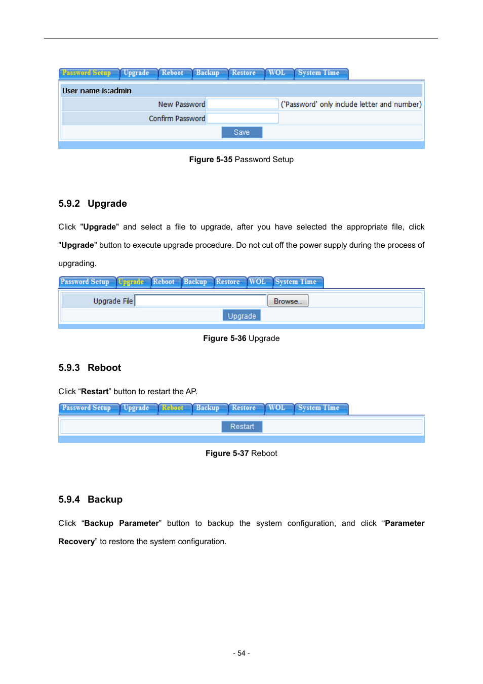 2 upgrade, 3 reboot, 4 backup | Upgrade, Reboot, Backup | PLANET WNAP-6306 User Manual | Page 54 / 70