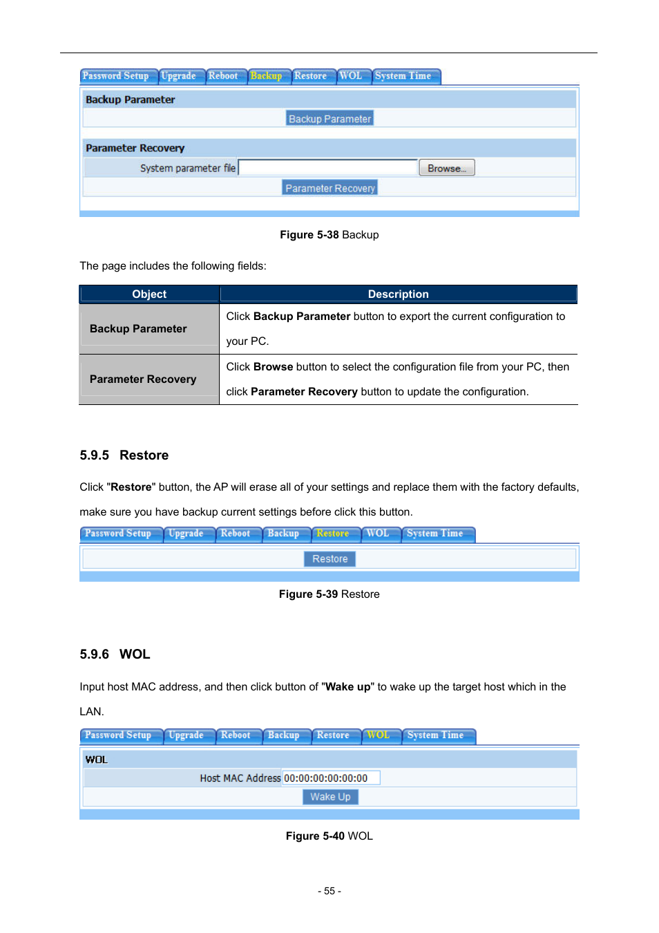 5 restore, 6 wol, Restore | PLANET WNAP-6306 User Manual | Page 55 / 70