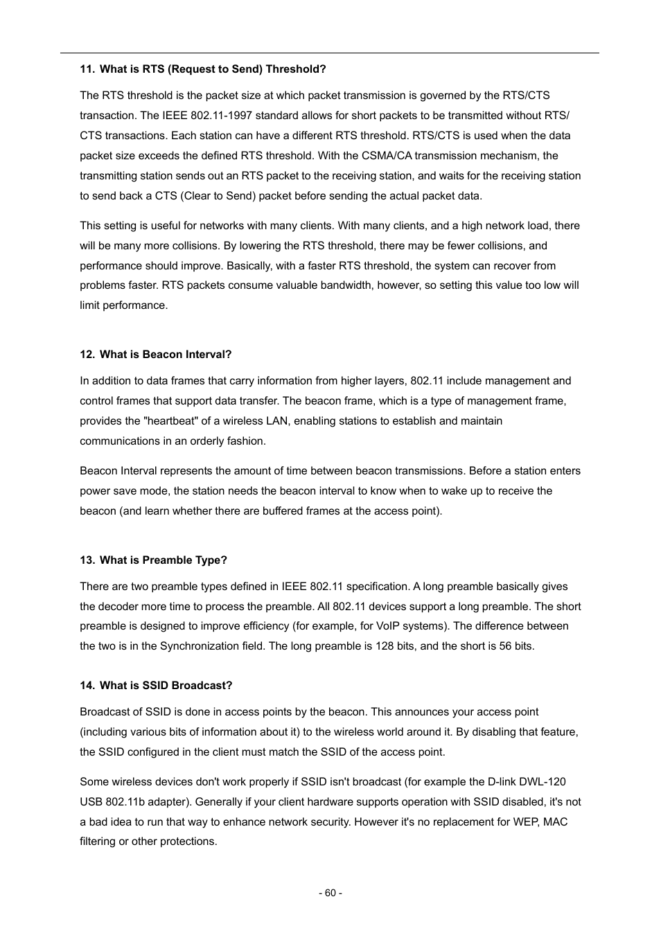 What is rts (request to send) threshold, What is beacon interval, What is preamble type | What is ssid broadcast | PLANET WNAP-6306 User Manual | Page 60 / 70