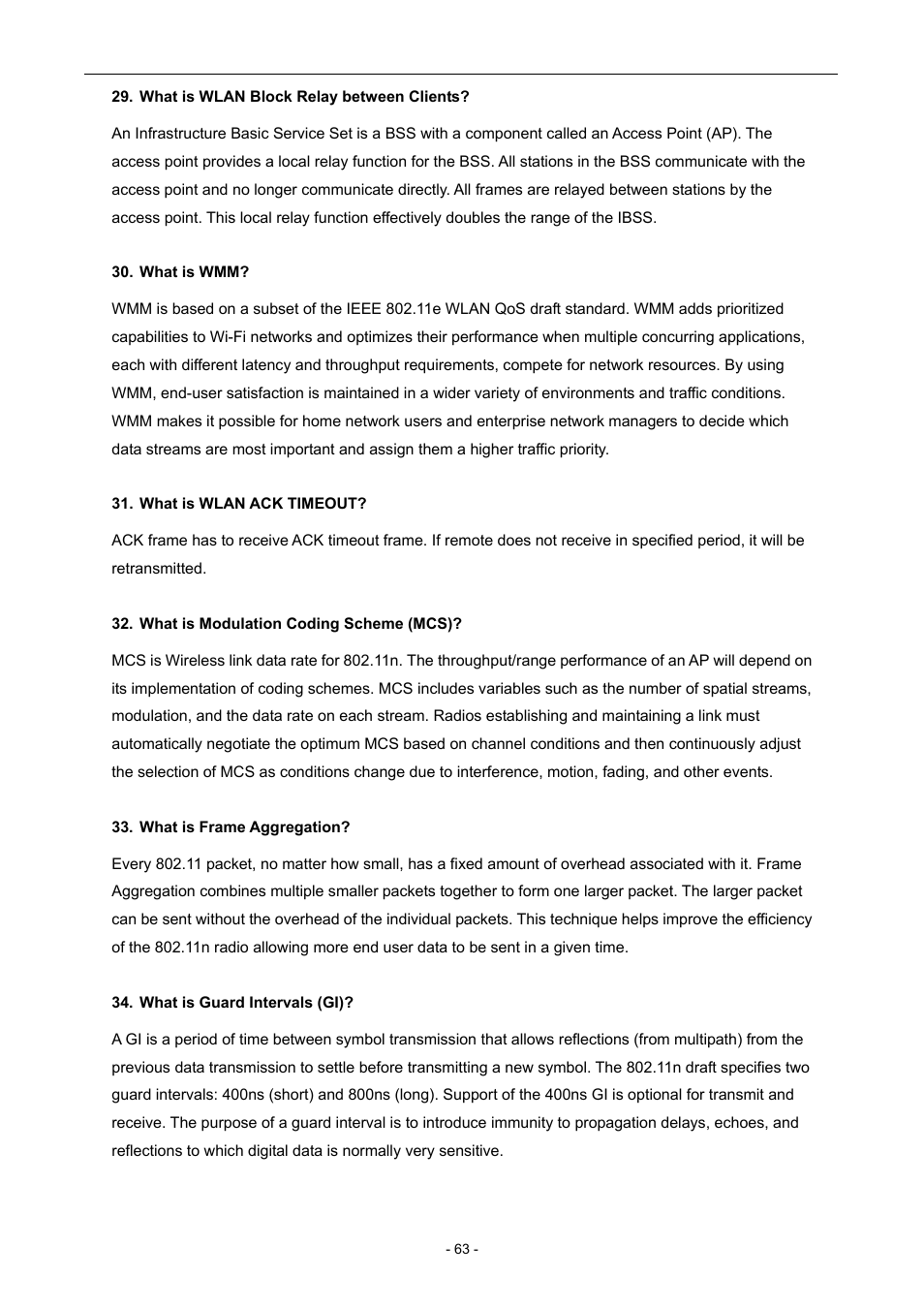 What is wlan block relay between clients, What is wmm, What is wlan ack timeout | What is modulation coding scheme (mcs), What is frame aggregation, What is guard intervals (gi) | PLANET WNAP-6306 User Manual | Page 63 / 70