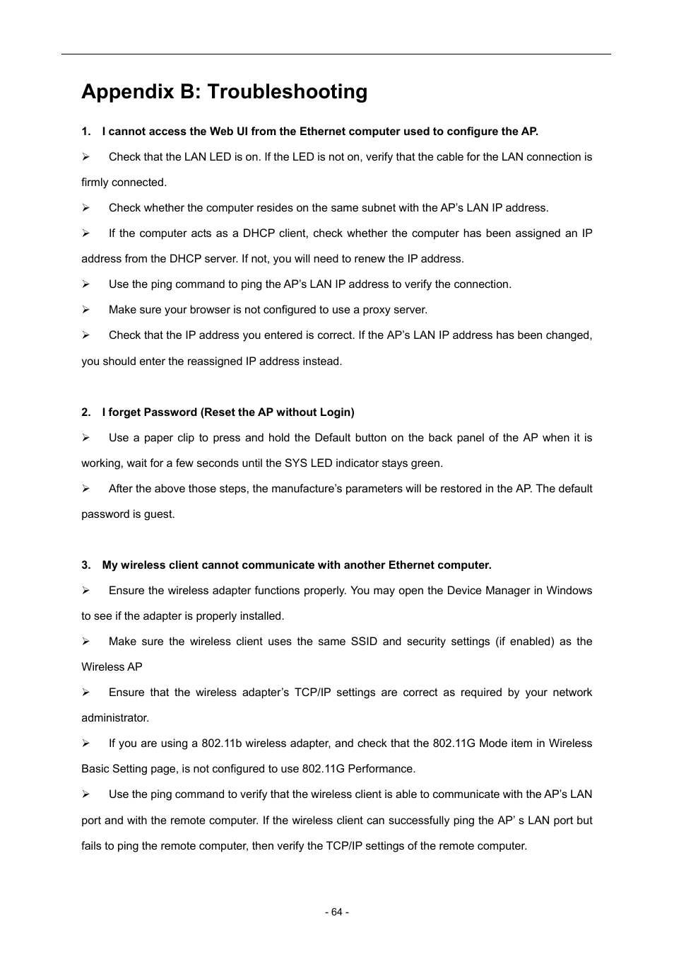 Appendix b: troubleshooting | PLANET WNAP-6306 User Manual | Page 64 / 70