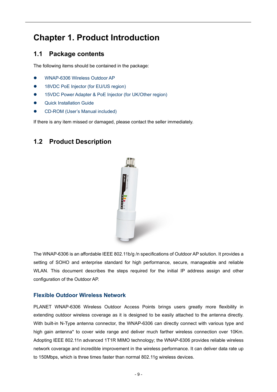 Chapter 1. product introduction, 1 package contents, 2 product description | Product description | PLANET WNAP-6306 User Manual | Page 9 / 70