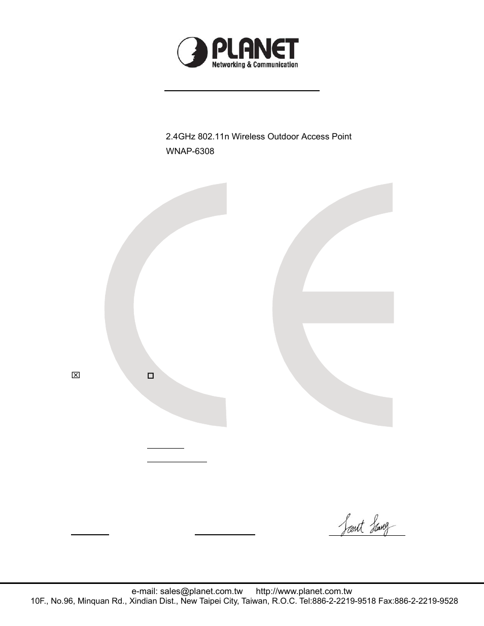 Ec declaration of conformity, Planet technology corporation | PLANET WNAP-6308 User Manual | Page 106 / 107