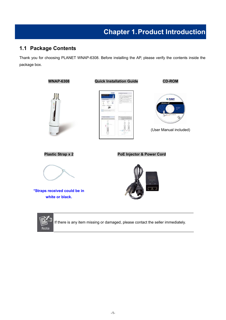 Chapter 1. product introduction, 1 package contents, Chapter 1 | Product introduction, Package contents | PLANET WNAP-6308 User Manual | Page 11 / 107