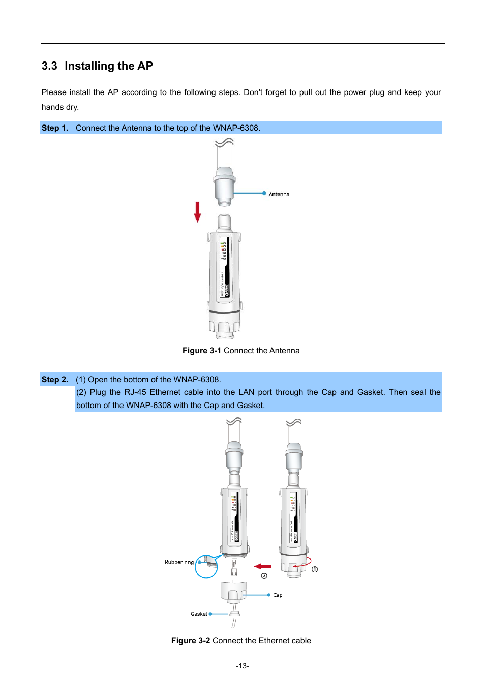 3 installing the ap, Installing the ap, Igure | Onnect the, Ntenna, Thernet cable | PLANET WNAP-6308 User Manual | Page 23 / 107