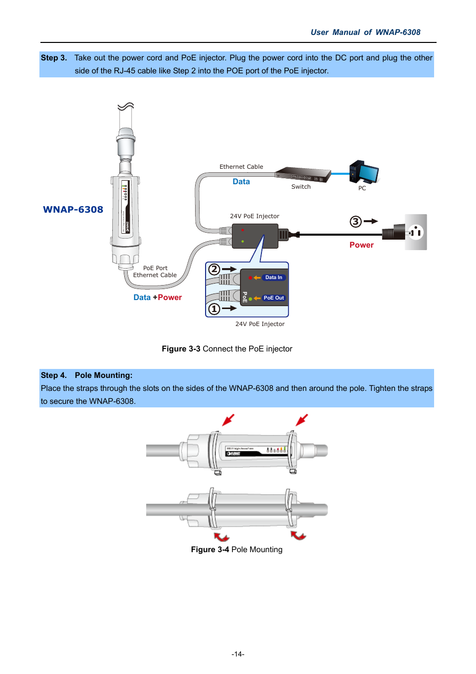 Igure, Onnect the, Injector | Ounting, User manual of wnap-6308, Data + power power data | PLANET WNAP-6308 User Manual | Page 24 / 107