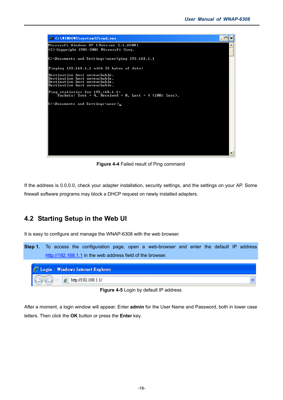 2 starting setup in the web ui, Starting setup in the web ui, Igure | Ailed result of, Ing command, Ogin by default, Address | PLANET WNAP-6308 User Manual | Page 28 / 107