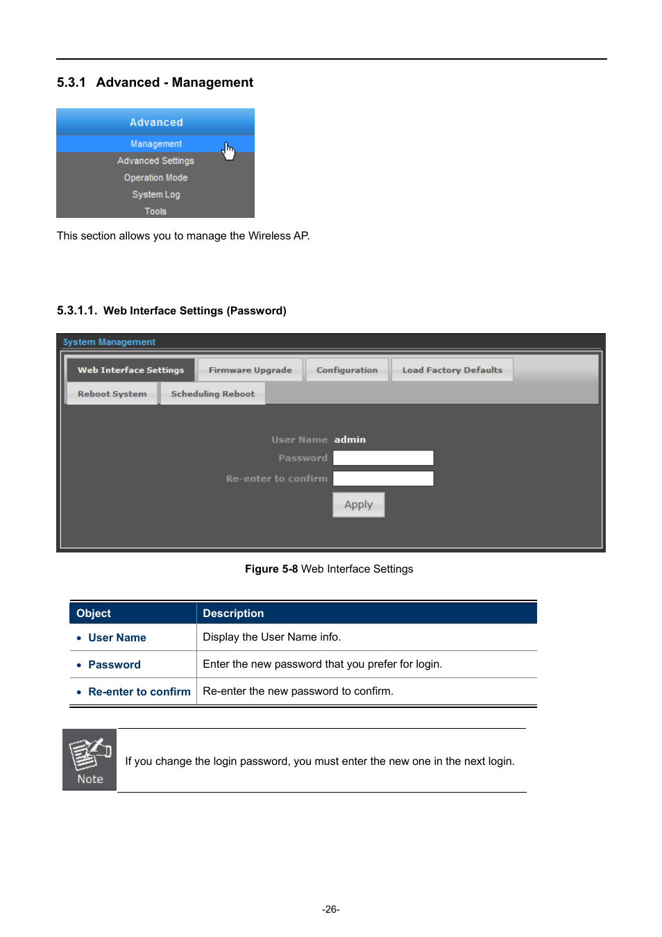 1 advanced - management, Web interface settings (password), Advanced - management | Igure, Nterface, Ettings | PLANET WNAP-6308 User Manual | Page 36 / 107