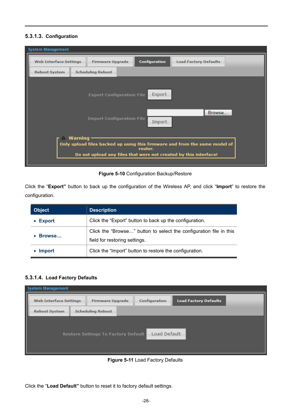 Configuration, Load factory defaults, Igure | Onfiguration, Ackup, Estore, Actory, Efaults | PLANET WNAP-6308 User Manual | Page 38 / 107