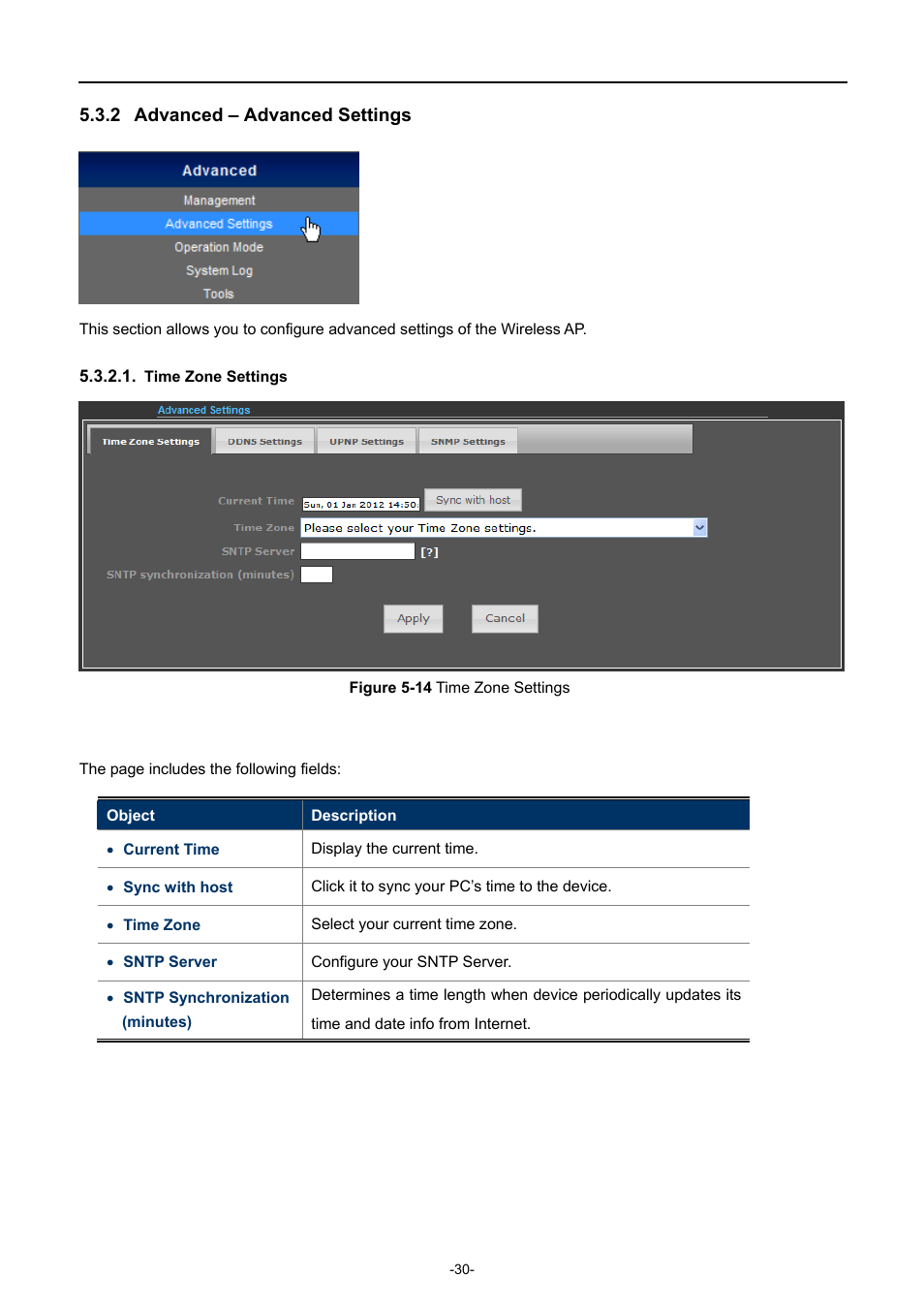 2 advanced – advanced settings, Time zone settings, Advanced – advanced settings | Igure, Ettings | PLANET WNAP-6308 User Manual | Page 40 / 107