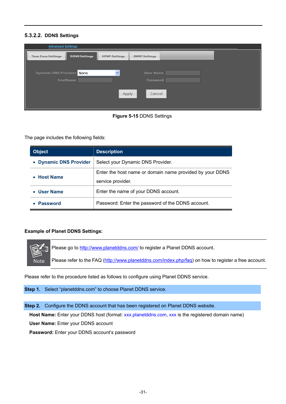 Ddns settings, Igure, Ddns | Ettings | PLANET WNAP-6308 User Manual | Page 41 / 107