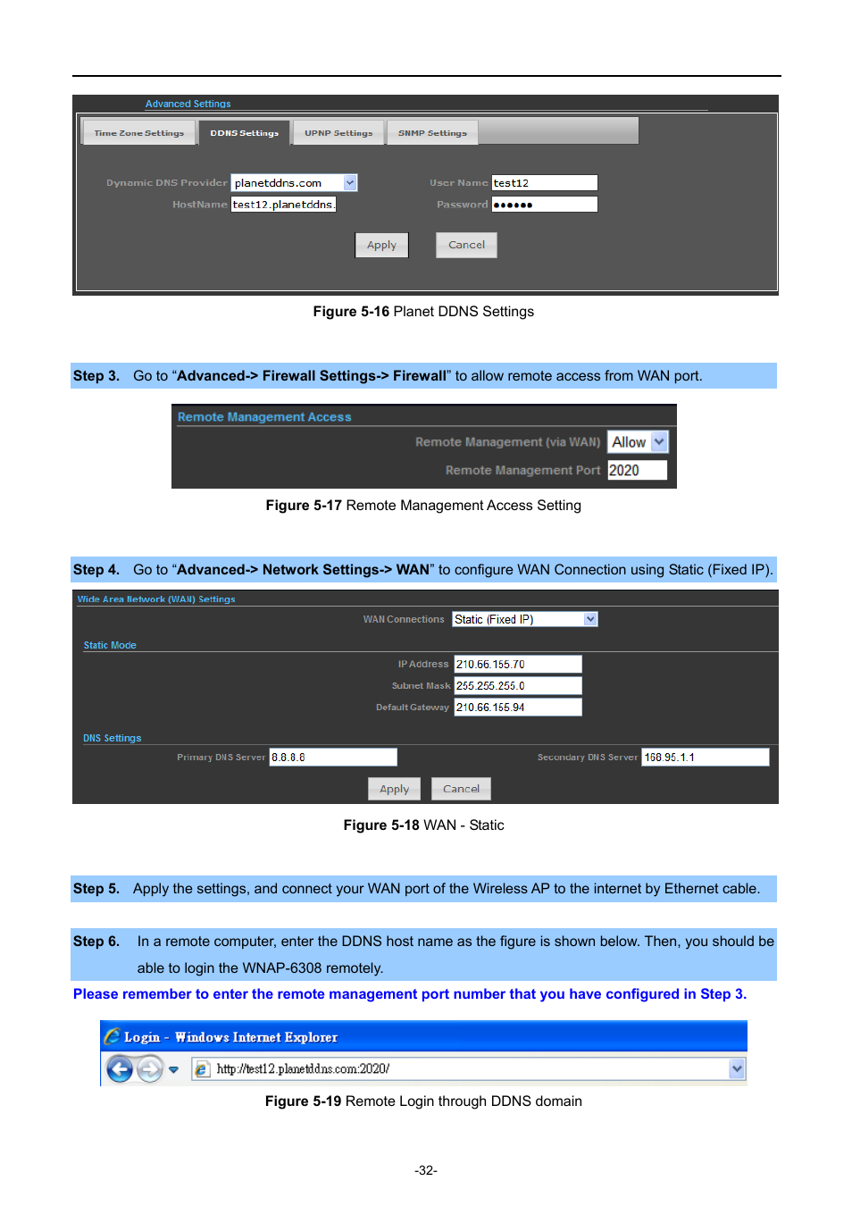 Igure, Lanet, Ddns | Ettings, Emote, Anagement, Ccess, Etting, Tatic, Ogin through | PLANET WNAP-6308 User Manual | Page 42 / 107