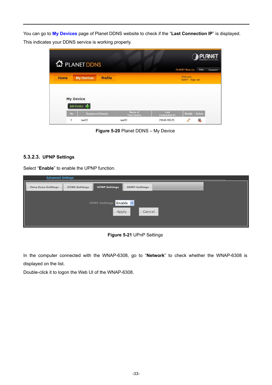 Upnp settings, Igure, Lanet | Ddns, Evice, Ettings | PLANET WNAP-6308 User Manual | Page 43 / 107